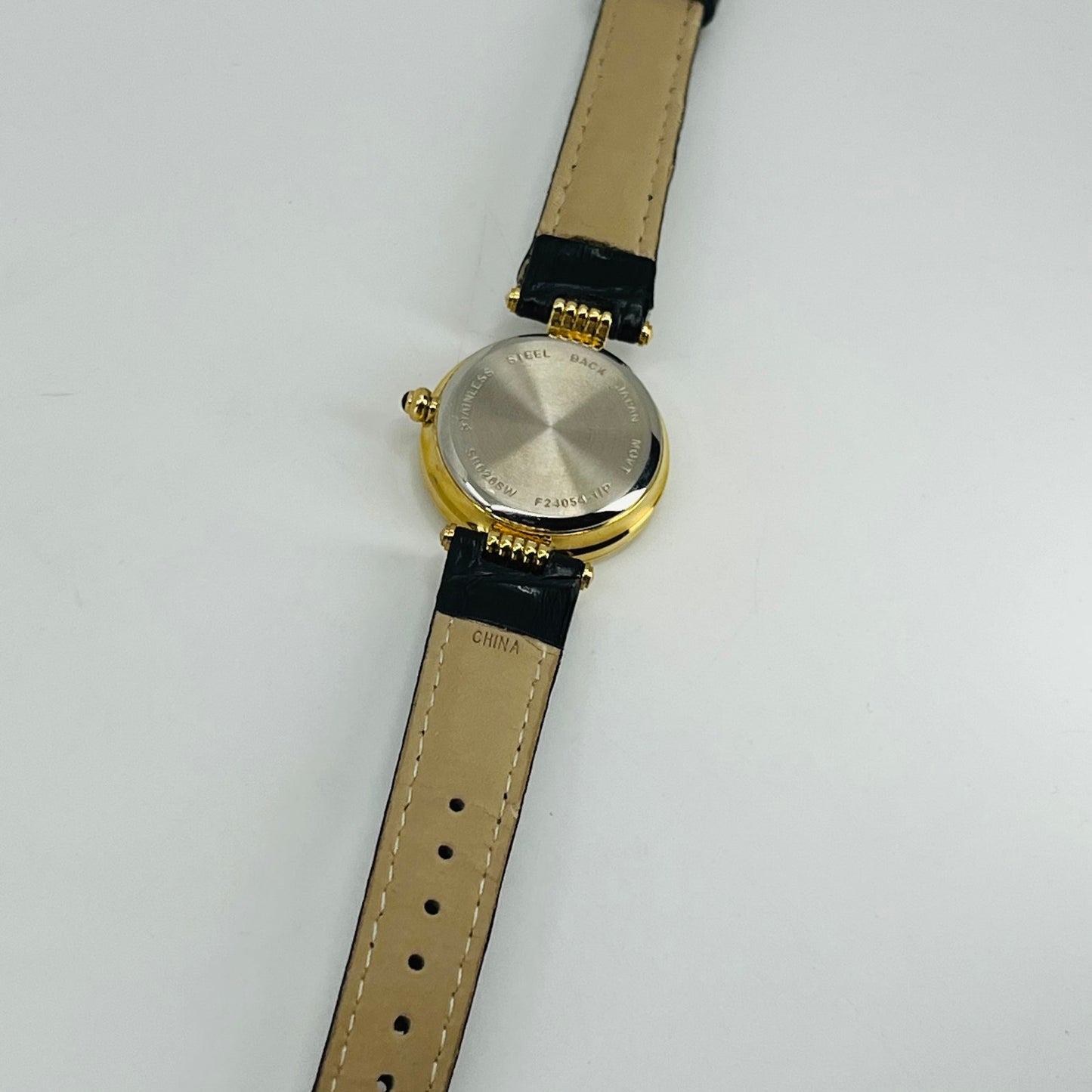 Vintage Gold Tone Enamel Face Watch Leather Band SA6