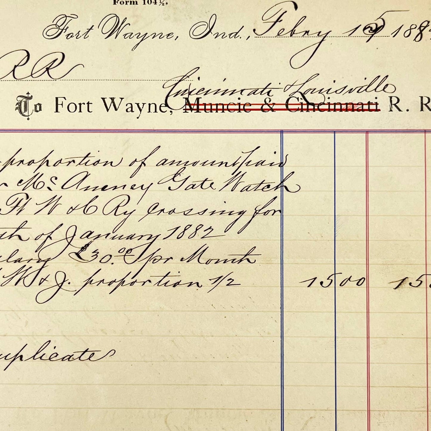 1882 Fort Wayne, Muncie & Cincinnati Railroad RR Letterhead Billhead AB1-5