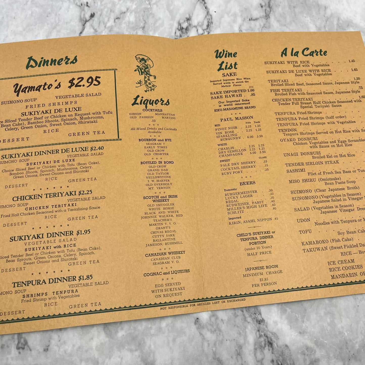 Original Vintage 1950s Yamato Sukiyaki House Restaurant Menu San Francisco TD8