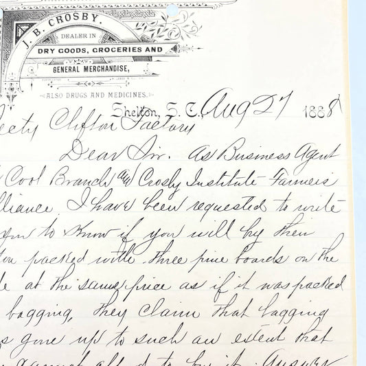 1888 J.B. Crosby Dry Goods Letterhead Bill Head Receipt Shelton SC AB9