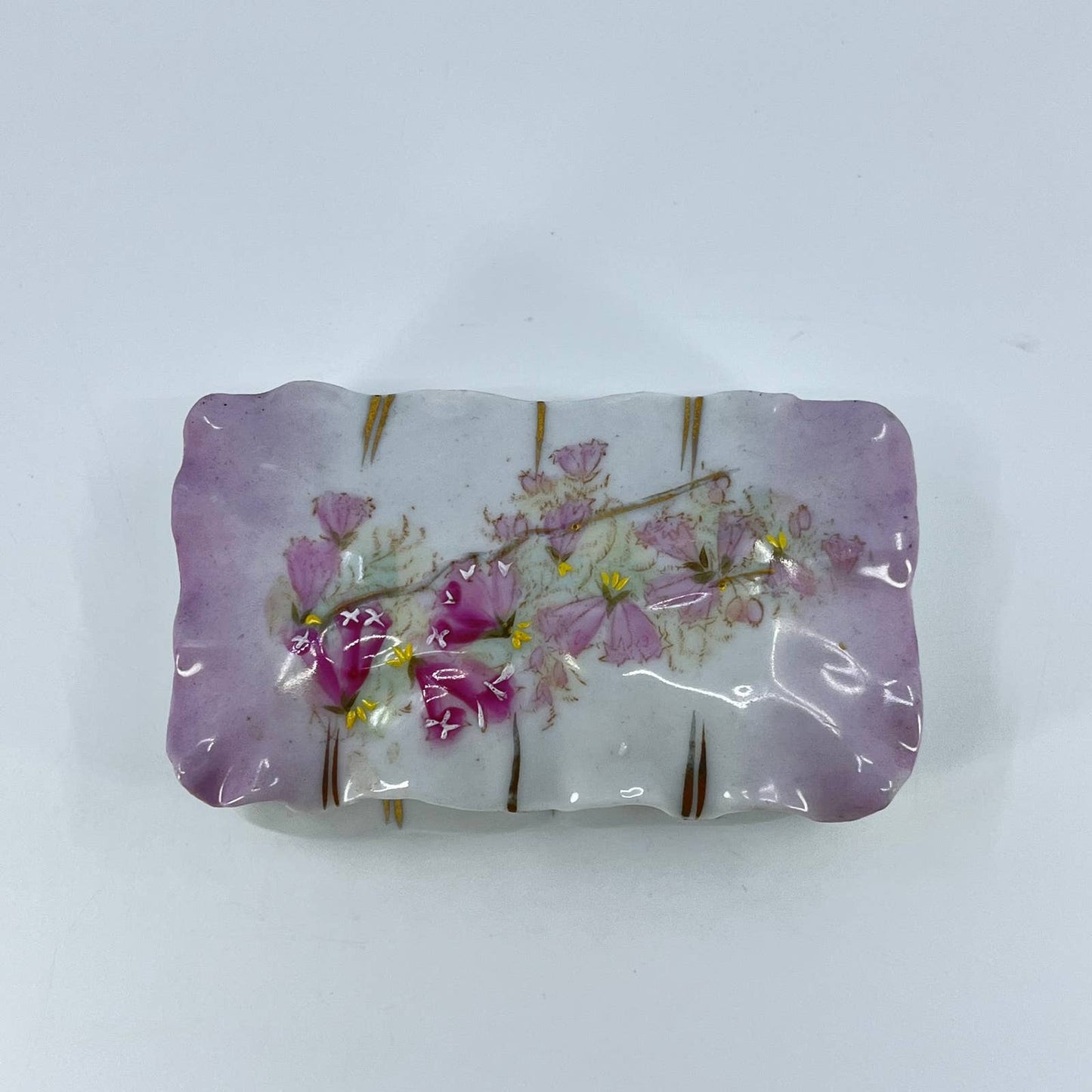 Vintage Porcelain Hand Painted Purple Flower Trinket Dresser Box 2x4” TE7