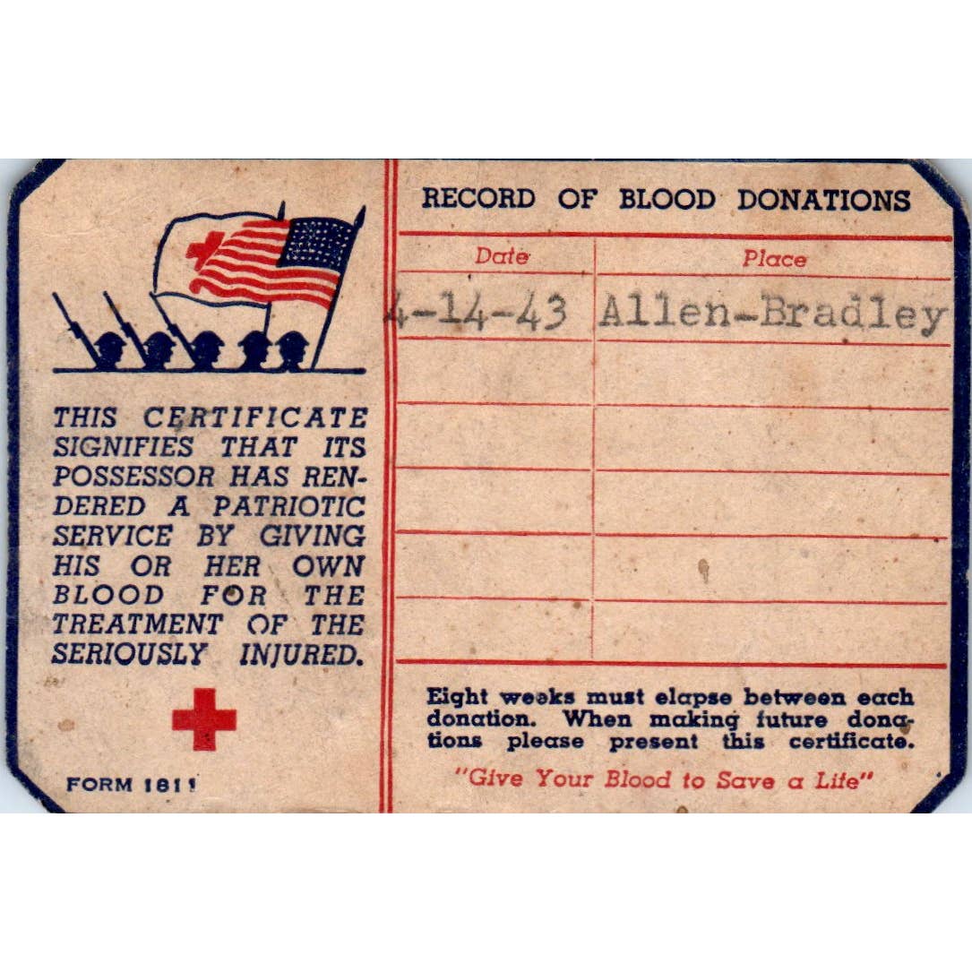 1942 WWII Blood Donor Certificate Card Evelyn Ross Milwaukee SE5