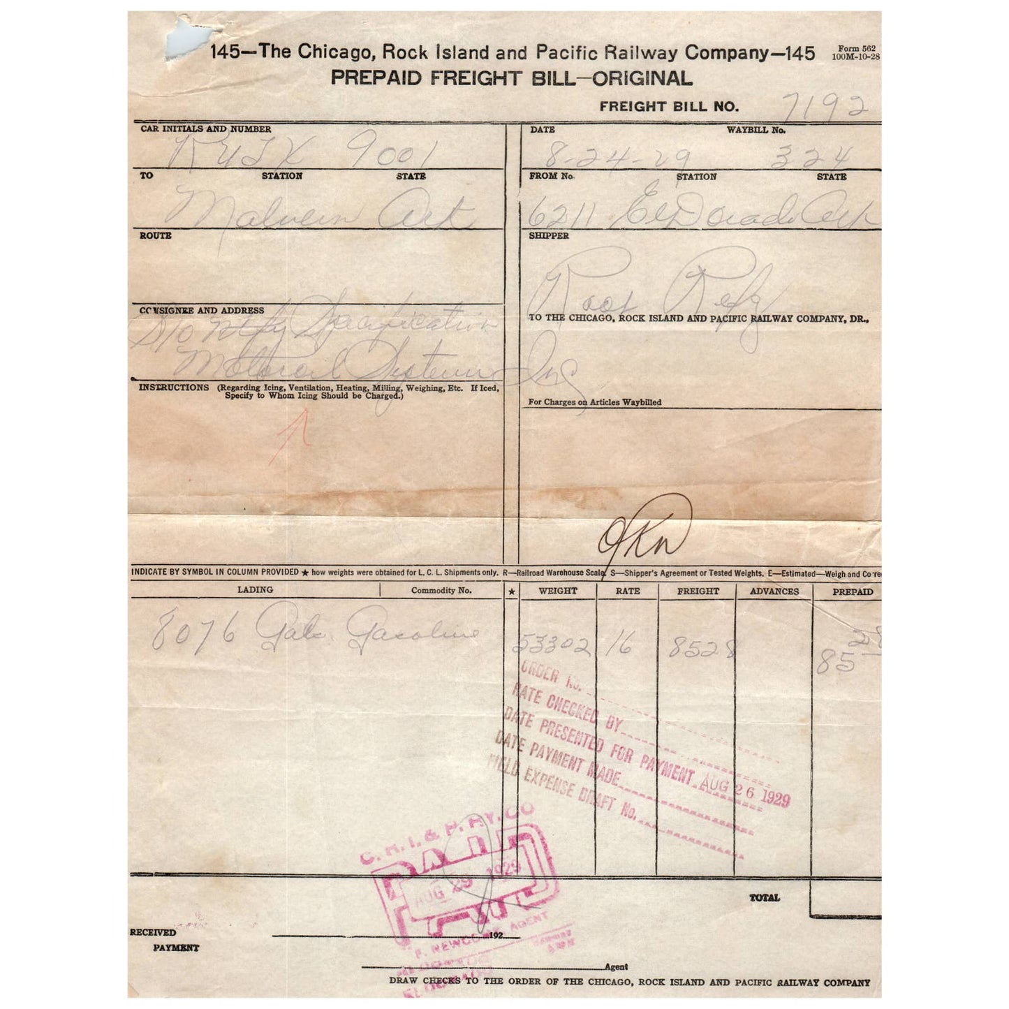 1929 The Chicago, Rock Island and Pacific Railway Company Freight Bill AD1