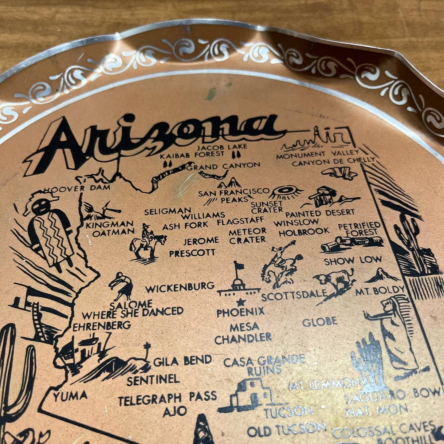 Vintage Black & Copper Tone Scallop Metal State Souvenir Plate Tray Arizona 11” TG8