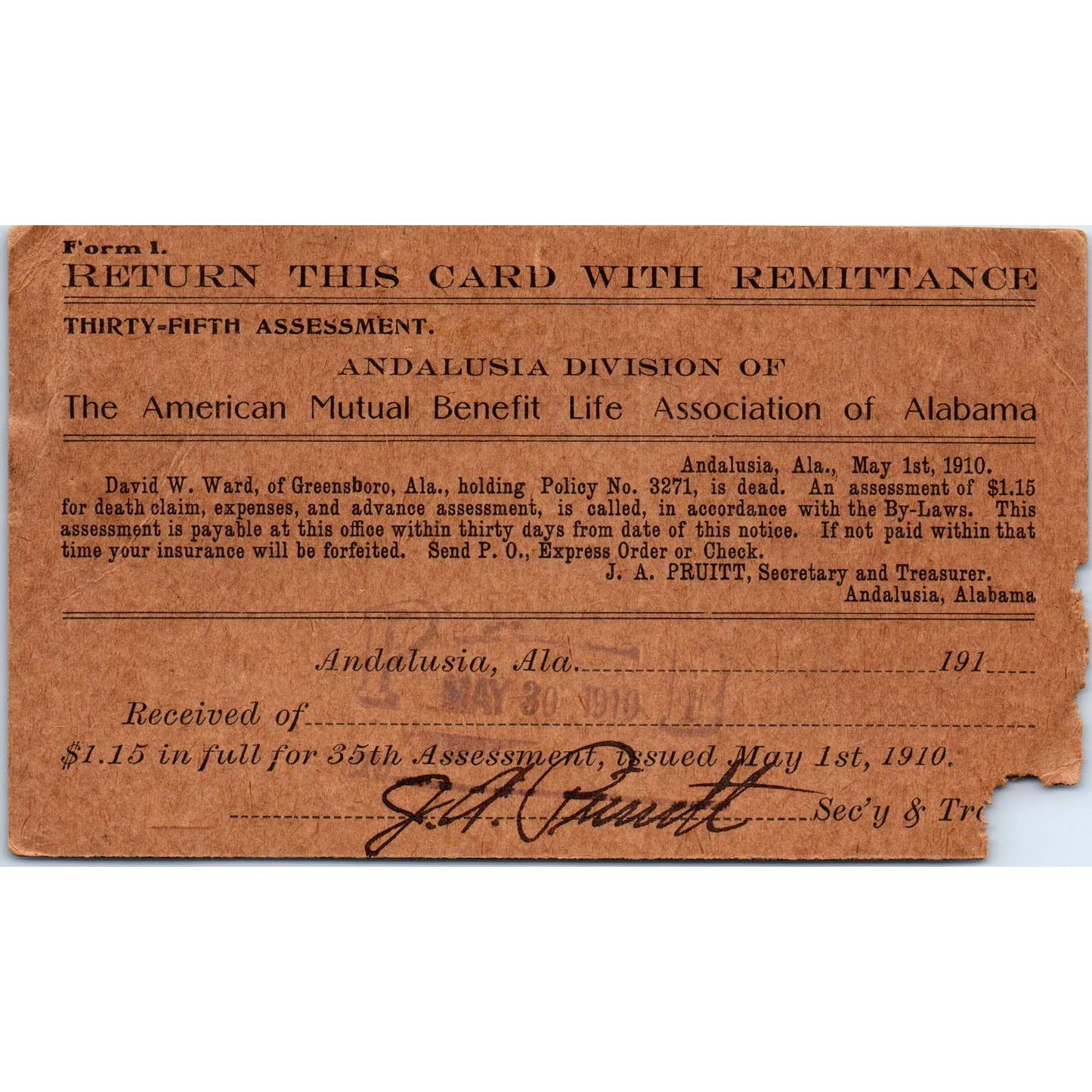 1910 Mutual Benefit Life Association of Alabama Postcard L.C. Peavy Shreve AD6-2