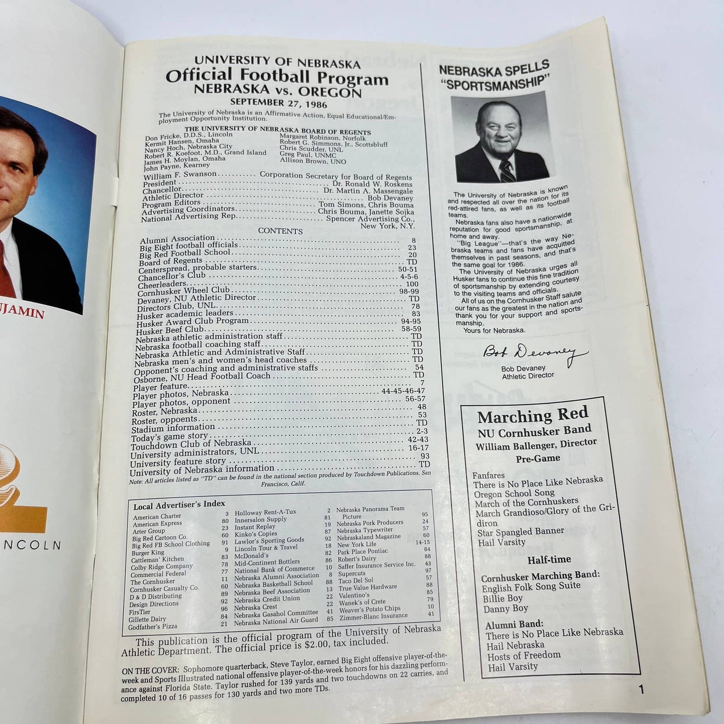 1986 Nebraska Cornhuskers vs. Oregon Ducks Gameday Football Program TH6