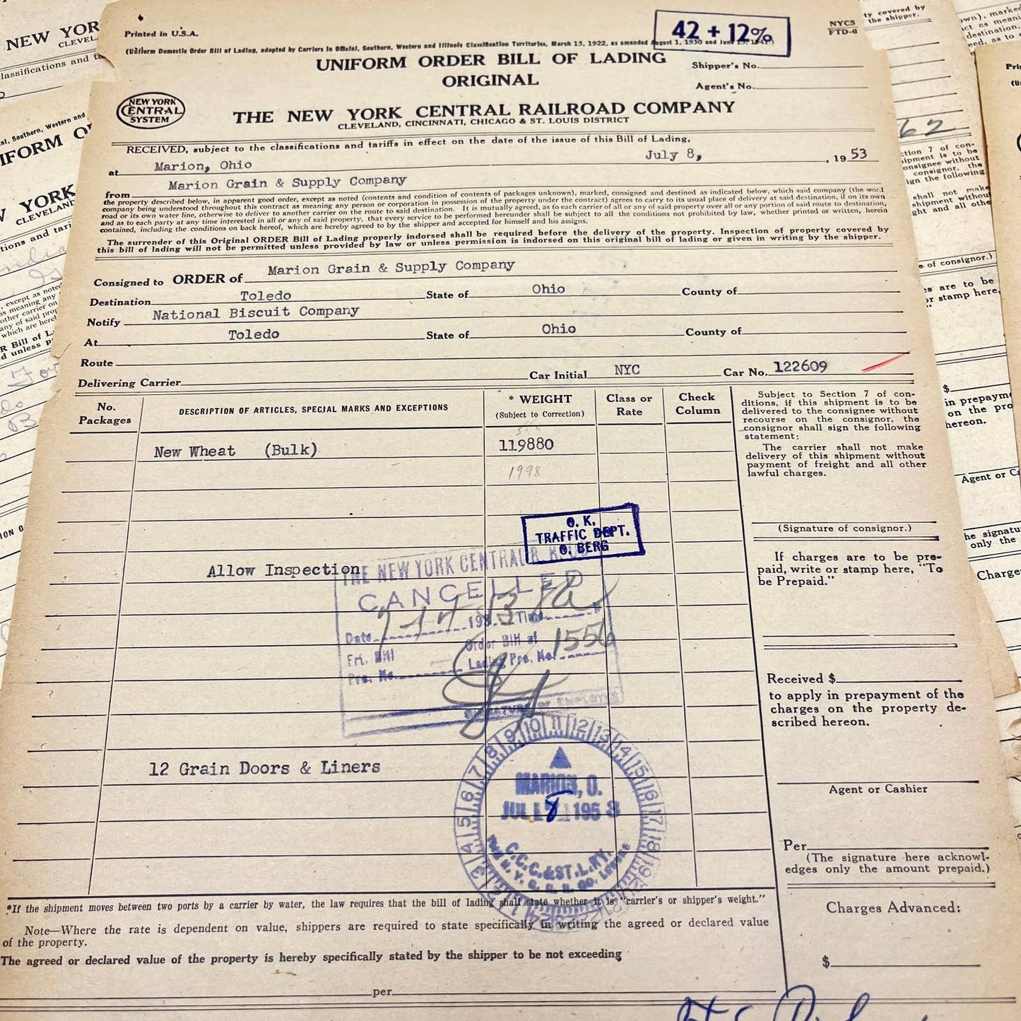 1953 The New York Central Railroad Co RR Original Bill of Lading Lot of 10 AB1-1