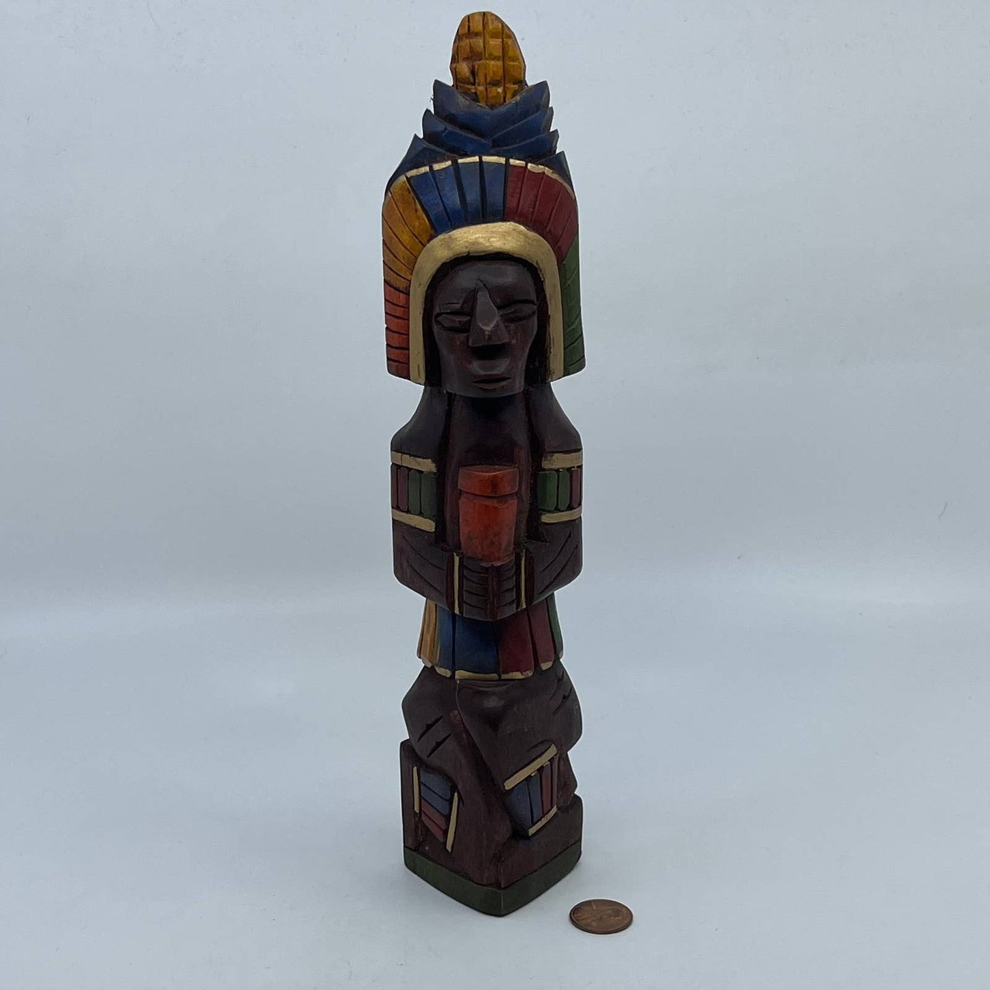Vtg Mexican Pre Columbian Aztec Maya Priest Wood Totem Yucatan Mexico 10" TH8