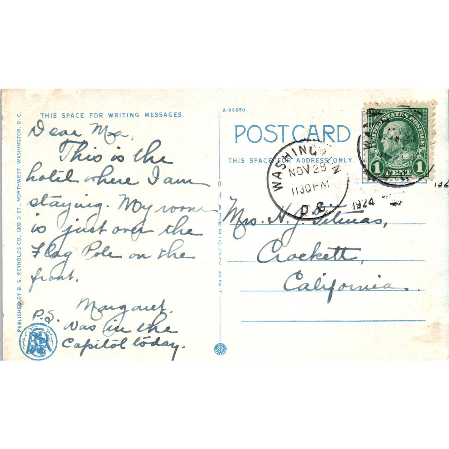 Grace Dodge Hotel 1924 Washington D.C. Original Postcard TK1-P2