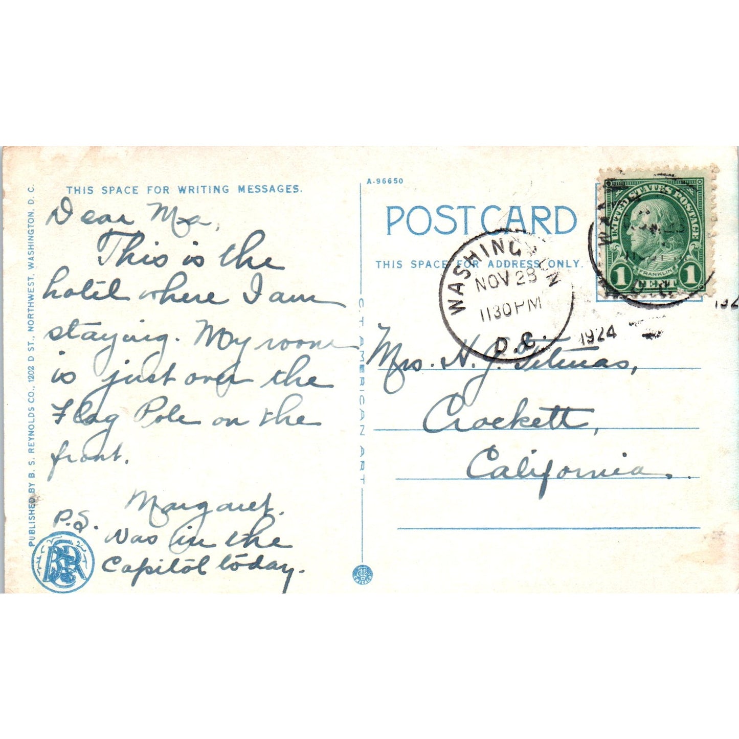 Grace Dodge Hotel 1924 Washington D.C. Original Postcard P1-16