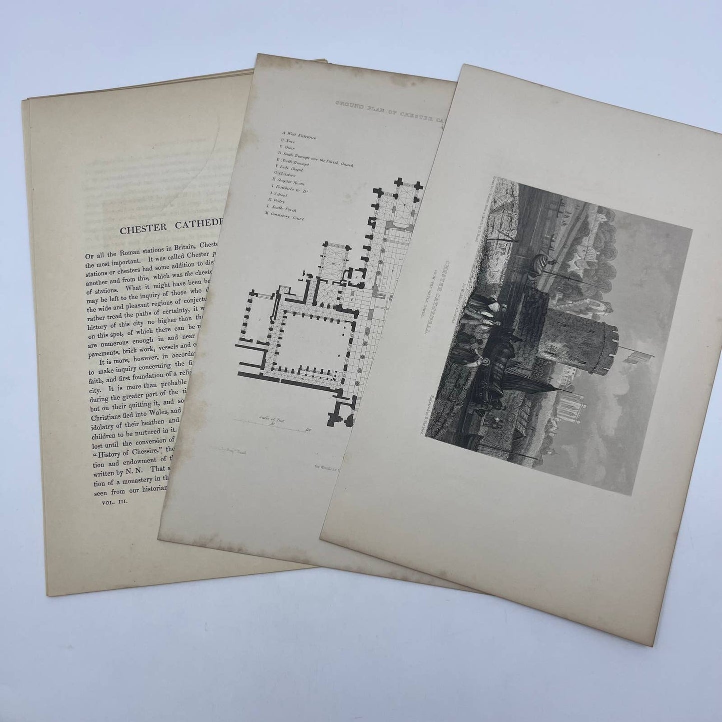 1842 Original Art Engraving Chester Cathedral, Floor Plan and Bio TG6