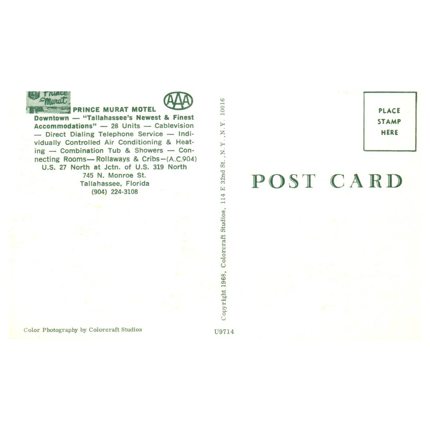 Prince Murat Motel Tallahassee Florida - Postcard TJ8-1