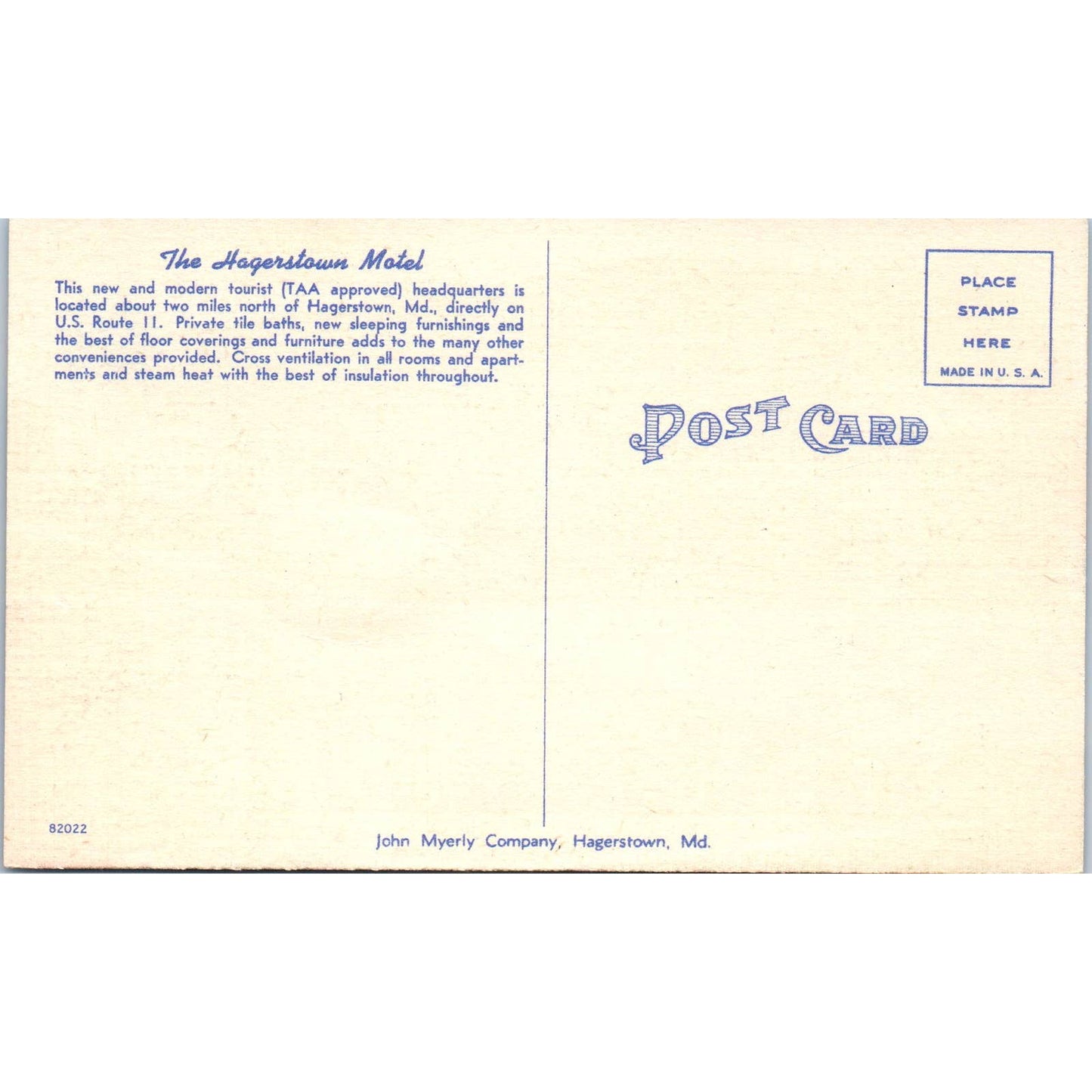 The Hagerstown Motel Hagerstown Maryland - Original Postcard TJ7-RP2