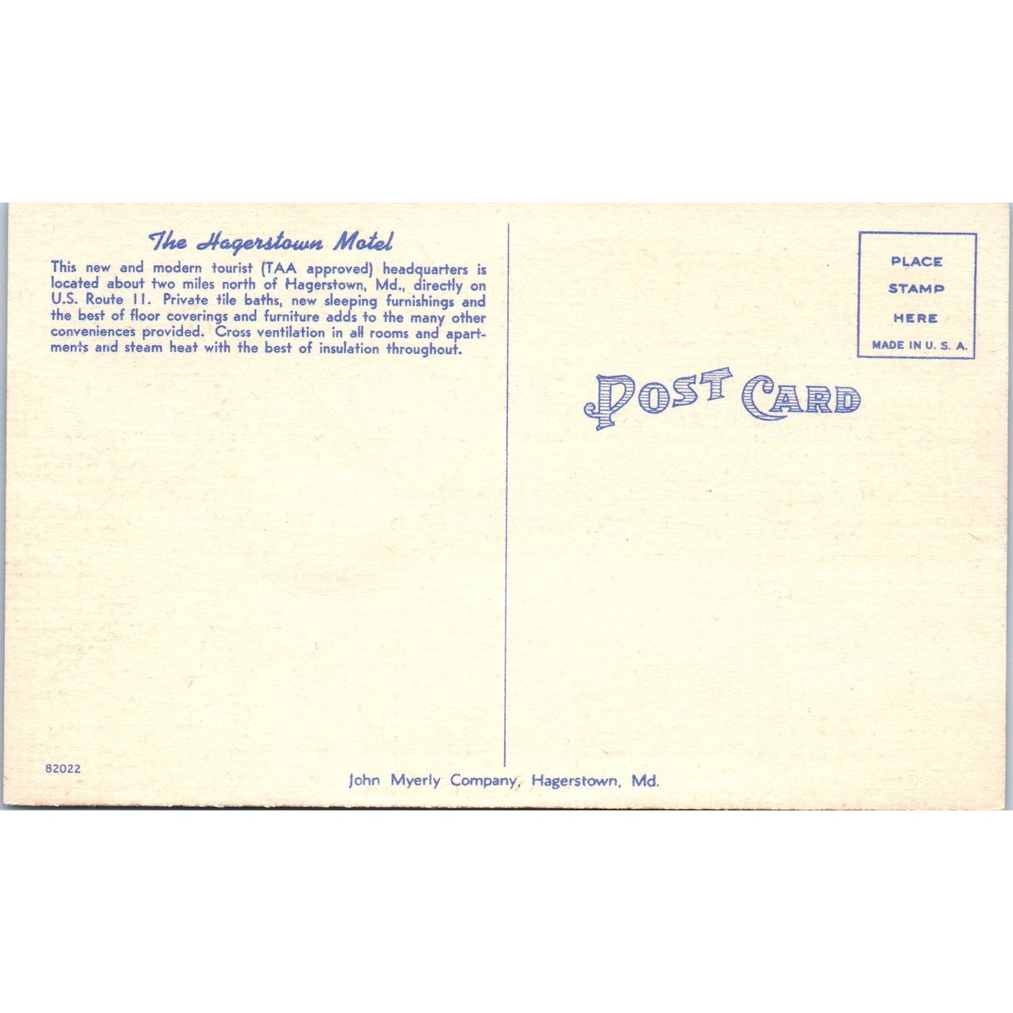 The Hagerstown Motel Hagerstown Maryland - Original Postcard P3-4