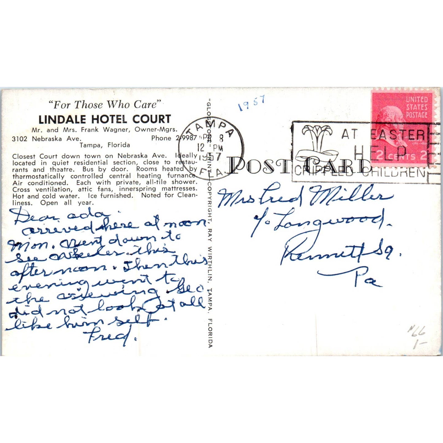 Lindale Hotel Court Frank Wagner Tampa Florida Original Postcard TK1-P19