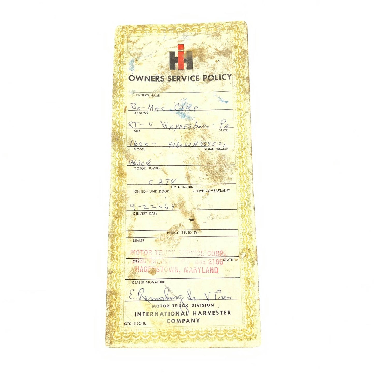 1969 International Harvester Owners Service Policy 45-Day Inspection Coupon AC1