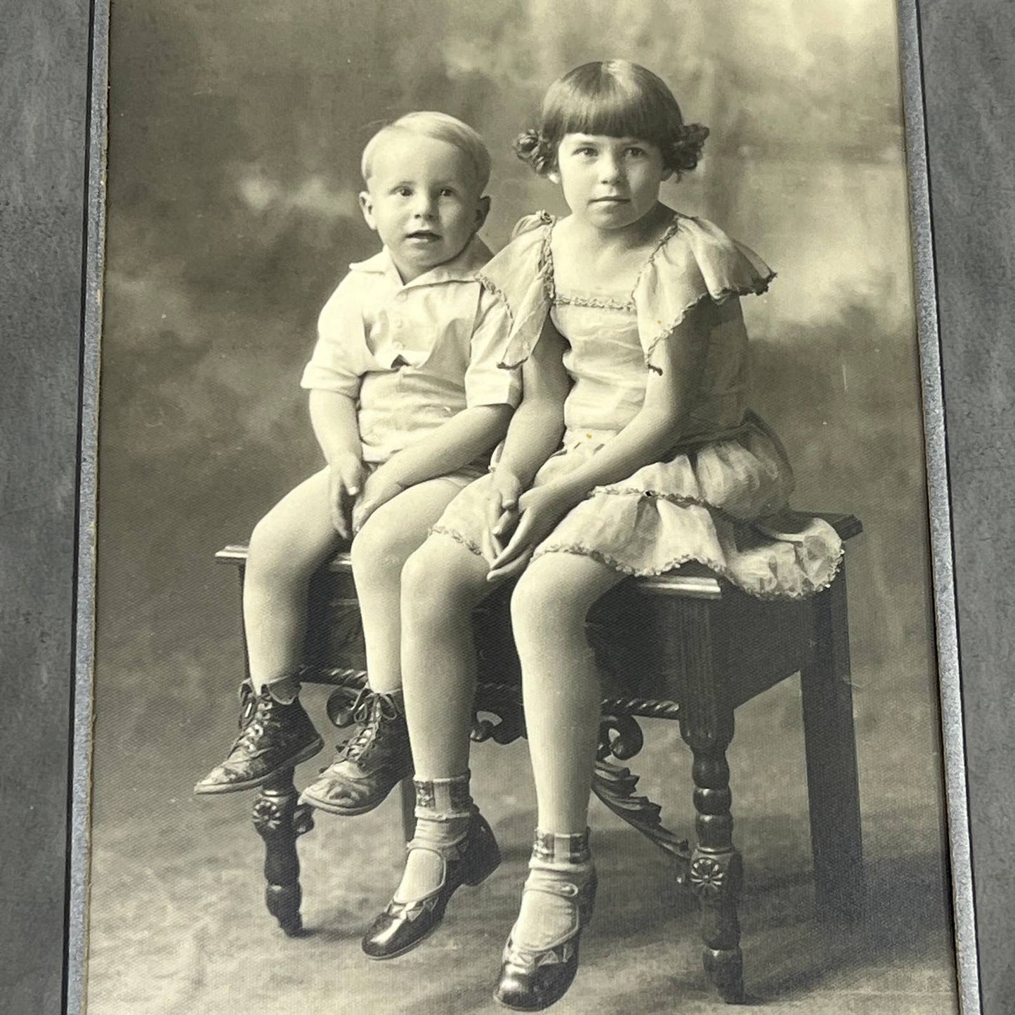 c1880 Victorian Boy & Girl on Ornate Bench CDV Kim Studio Rocky Ford CO TF5