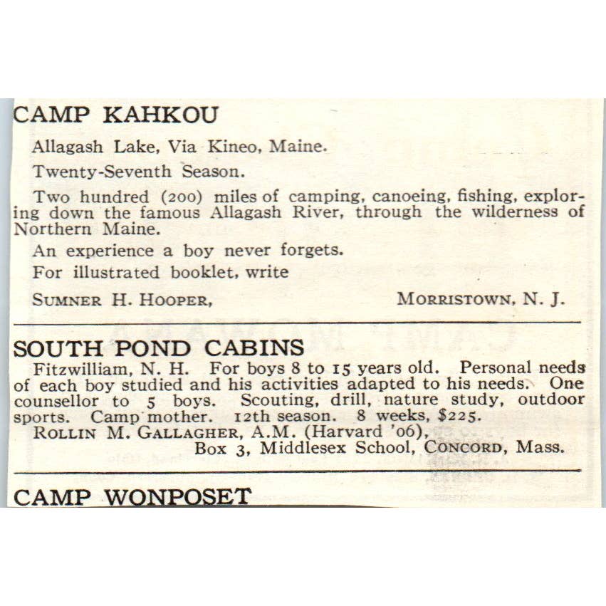 c1920 Harper's Magazine Ad - Camp Mowana A.R. MacMahon Readfield ME EA3