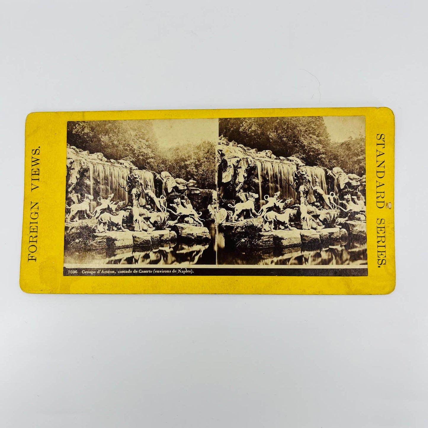1880s Stereoview Card Statue Actaeon, Caserta waterfall near Naples Italy