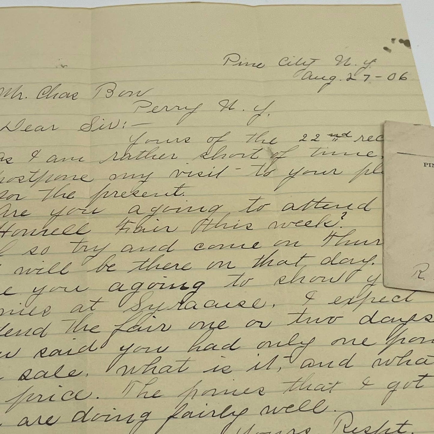 1906 Postal Cover & Letter Pine City to Perry NY Charles Bun AA6