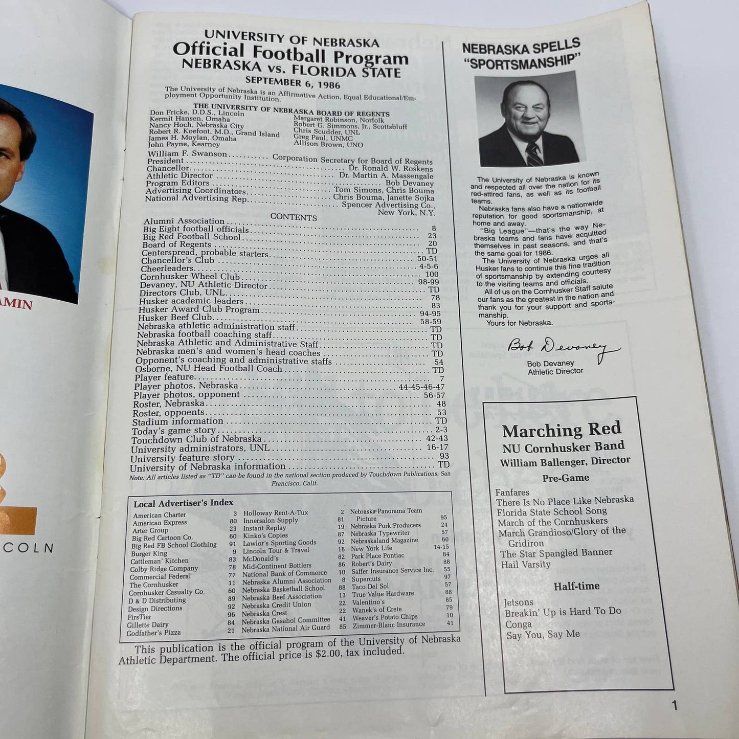 1986 Nebraska Cornhuskers vs. Florida State Gameday Football Program TH6