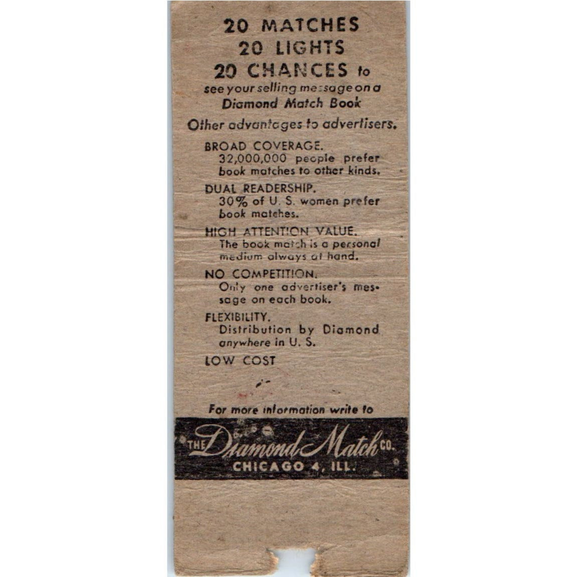 Advertise With Diamond Match Co Chicago Advertising Matchbook Cover MM9-4