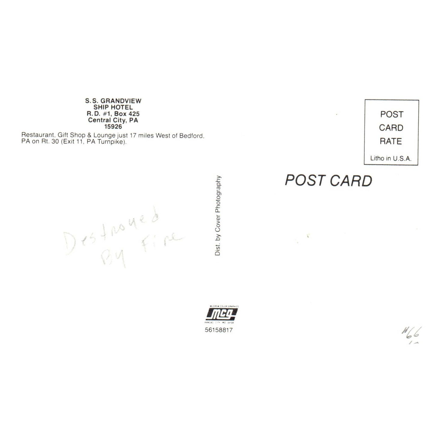 S.S. GrandView Ship Hotel Rd #1 Central City Pennsylvania - Postcard TJ8-1