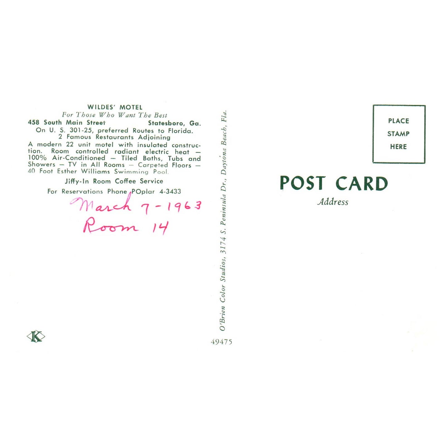 Wildes' Motel Statesboro Georgia 1963 - Postcard TJ8-1