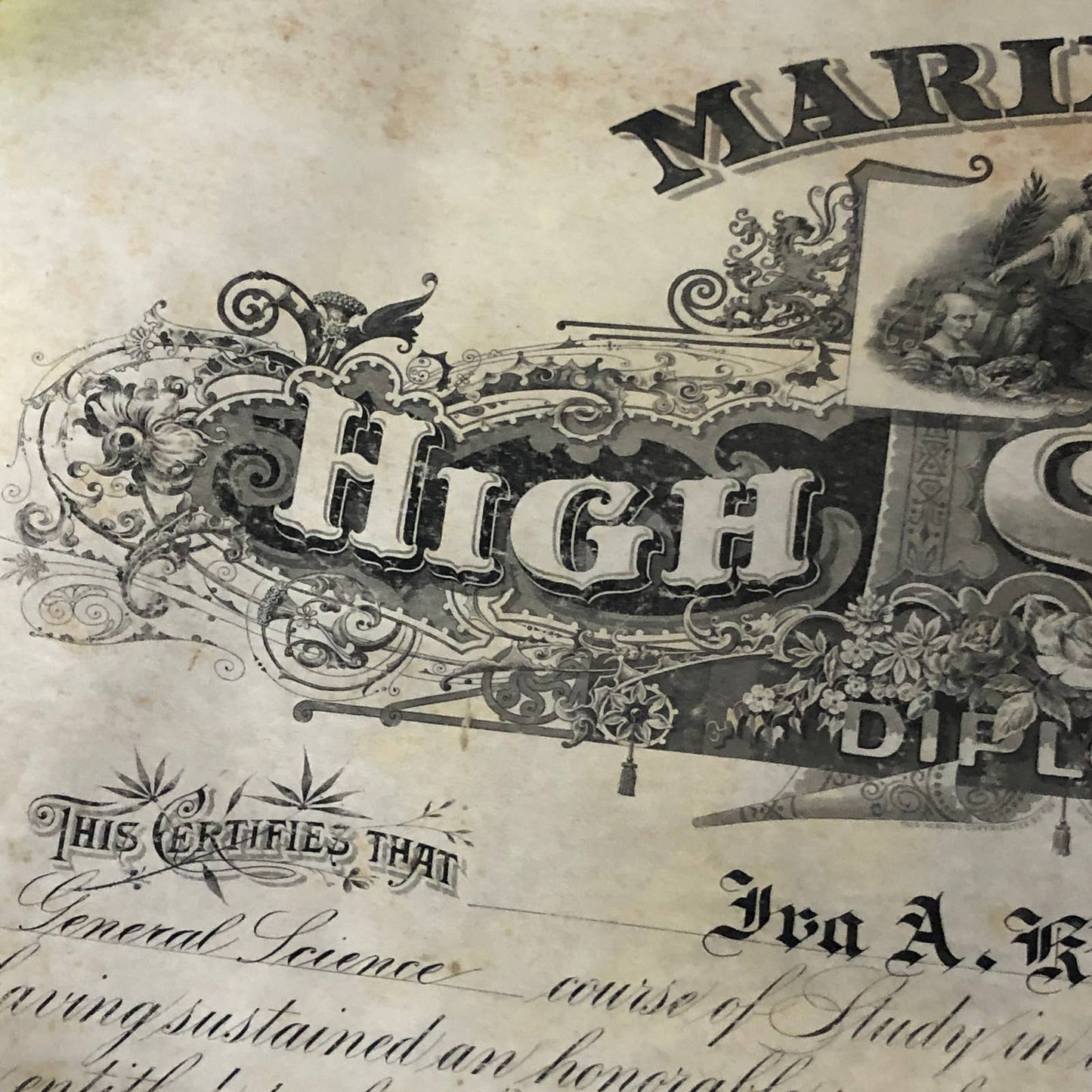 1903 Marinette High School Diploma Lithograph Ira A. Killoran Wisconsin RU1