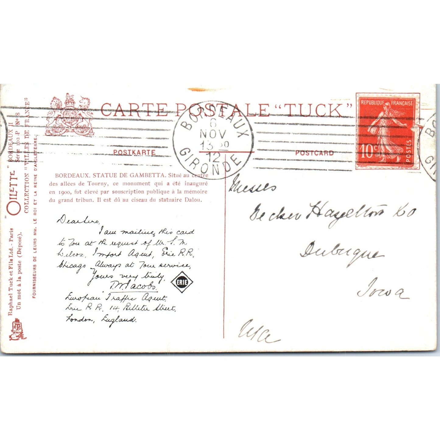 Bordeaux Statue De Gambetta Raphael Tuck Oilette Original Postcard P2-12