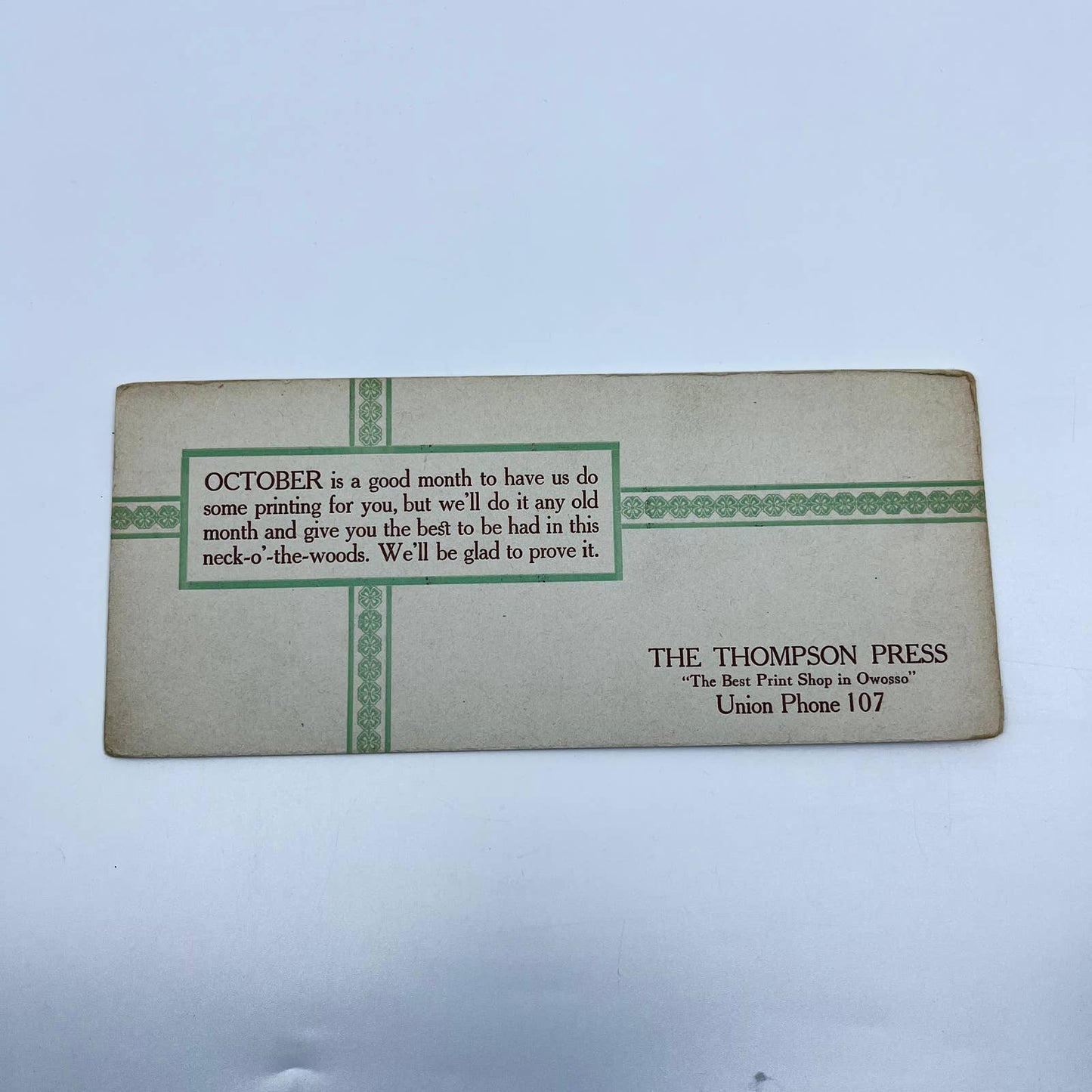 1920s Blotter Card The Thompson Press October Owosso MI SC8