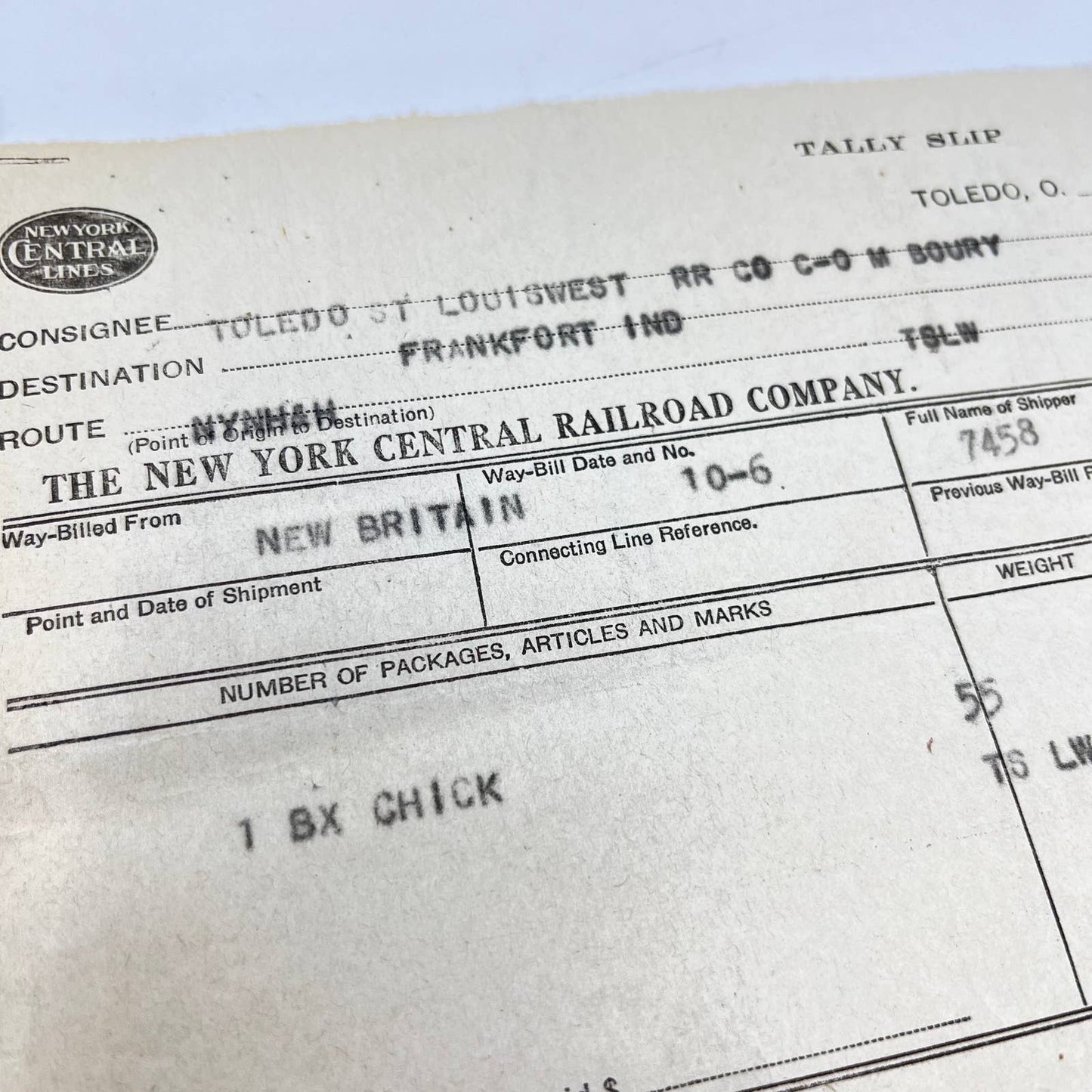 1917 Toledo, St. Louis & Western Railroad RR Tally Slip NY Central Lines AA9