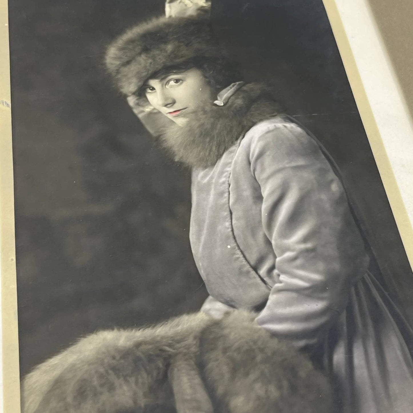 c1915 Hand Tinted Photo Woman in Fur Hat & Muff Bangs Studio NY 10X14 FL4