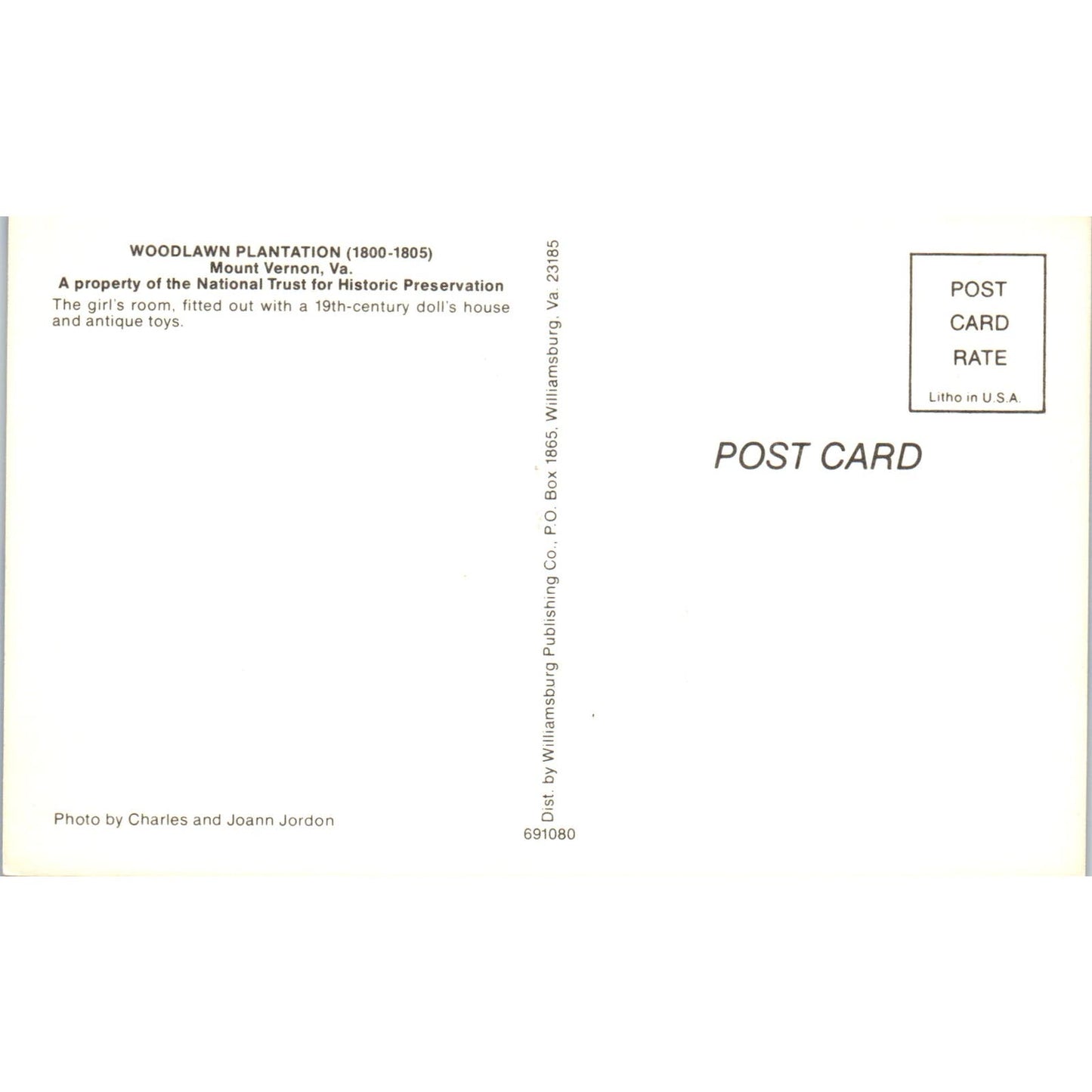 Woodlawn Plantation Girls Room Doll House Mount Vernon VT Original Postcard PB9