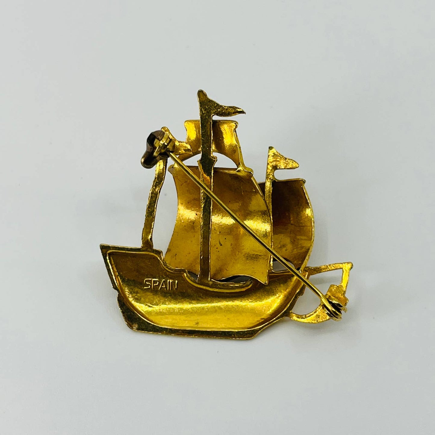VTG Damascene Spain Boat Ship Galleon Pin Brooch Nautical Gold Tone Enamel SB2