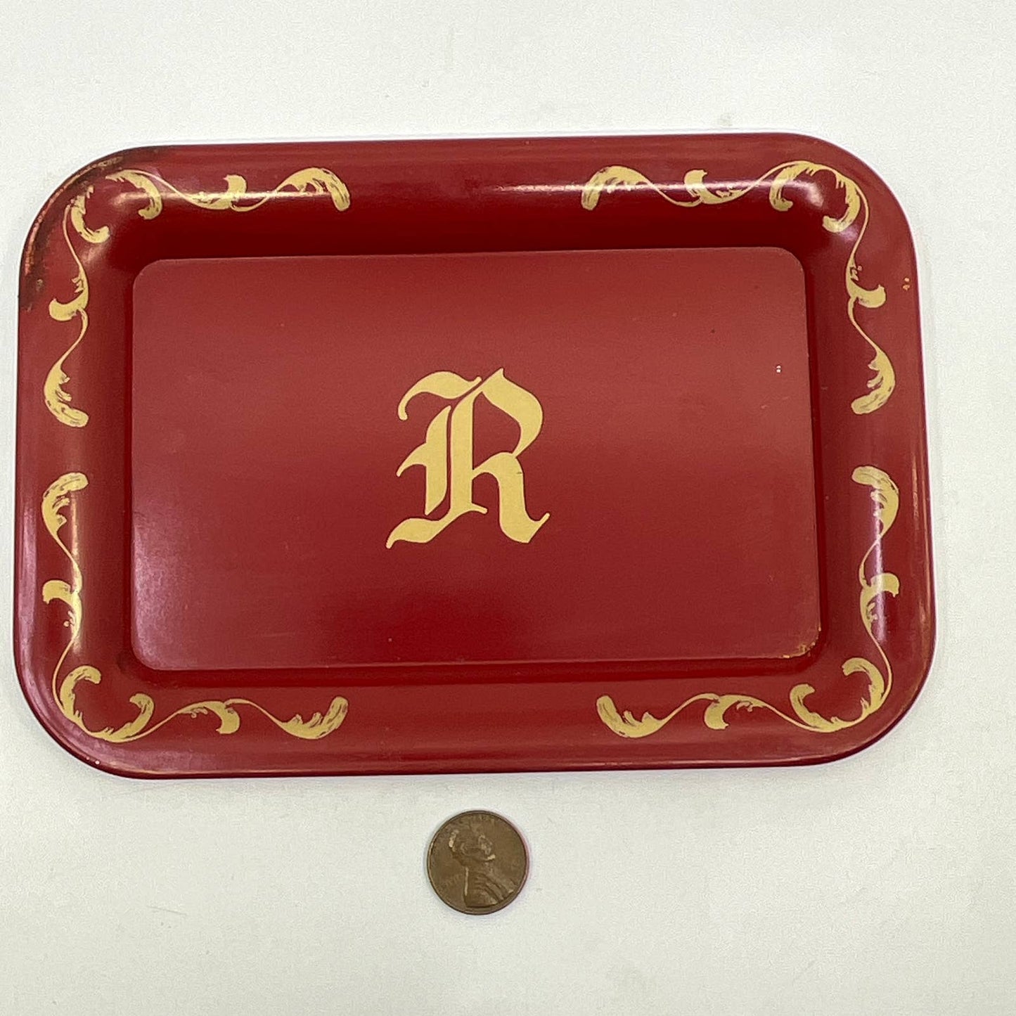 Vintage Small Tin Toleware Tray Monogrammed “R” Red ~6.5x4.5” TH2-2