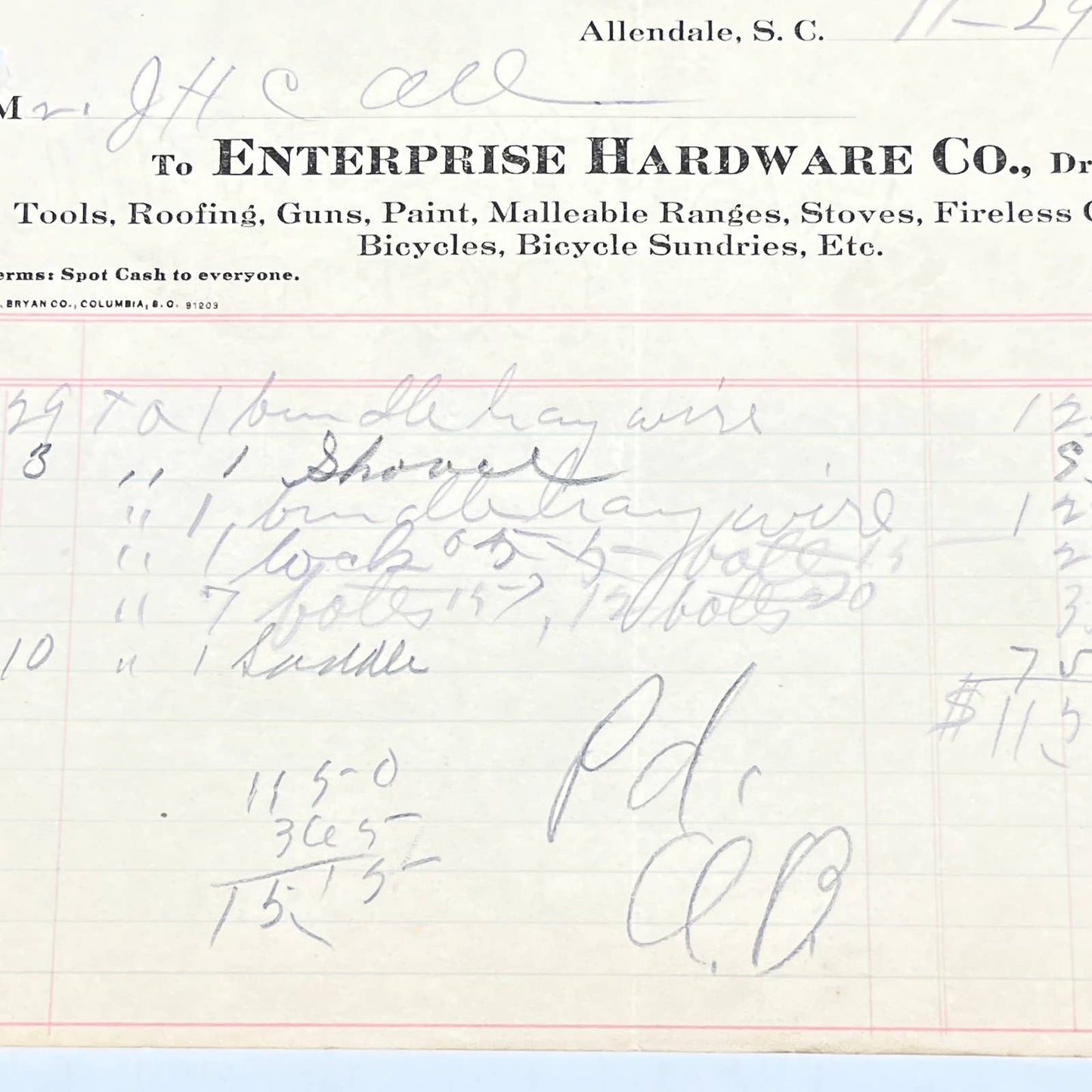 1913 Enterprise Hardware Co Letterhead Receipt Allendale SC Set of 2 AC3-1