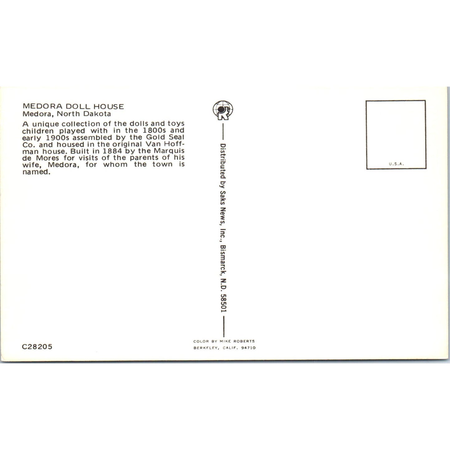 Medora Doll House - Medora ND Original Postcard PB9