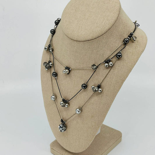 Vintage Modernist Layered Bead & Rhinestone Silver Tone Necklace SB2