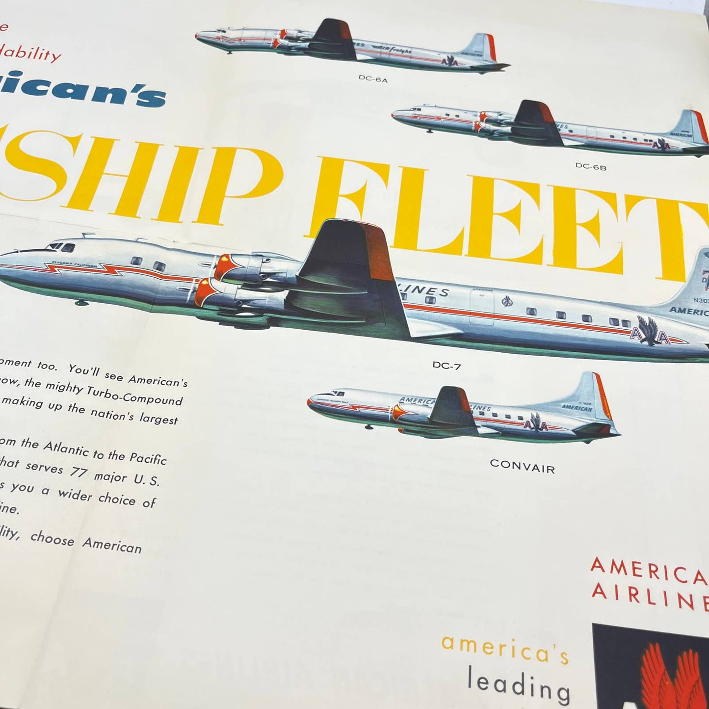1953 American Airlines DC-7 Turbo Compound Fold Put Brochure Poster & Letter TF9
