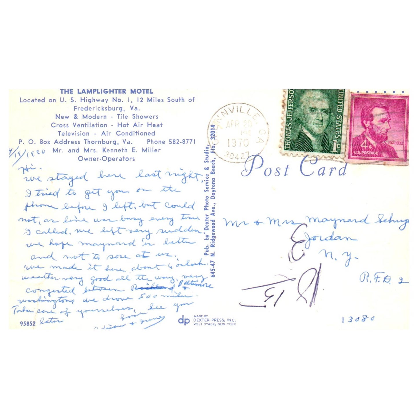 Vintage Postcard - The Lamplighter Motel - Fredericksburg Virginia AD9