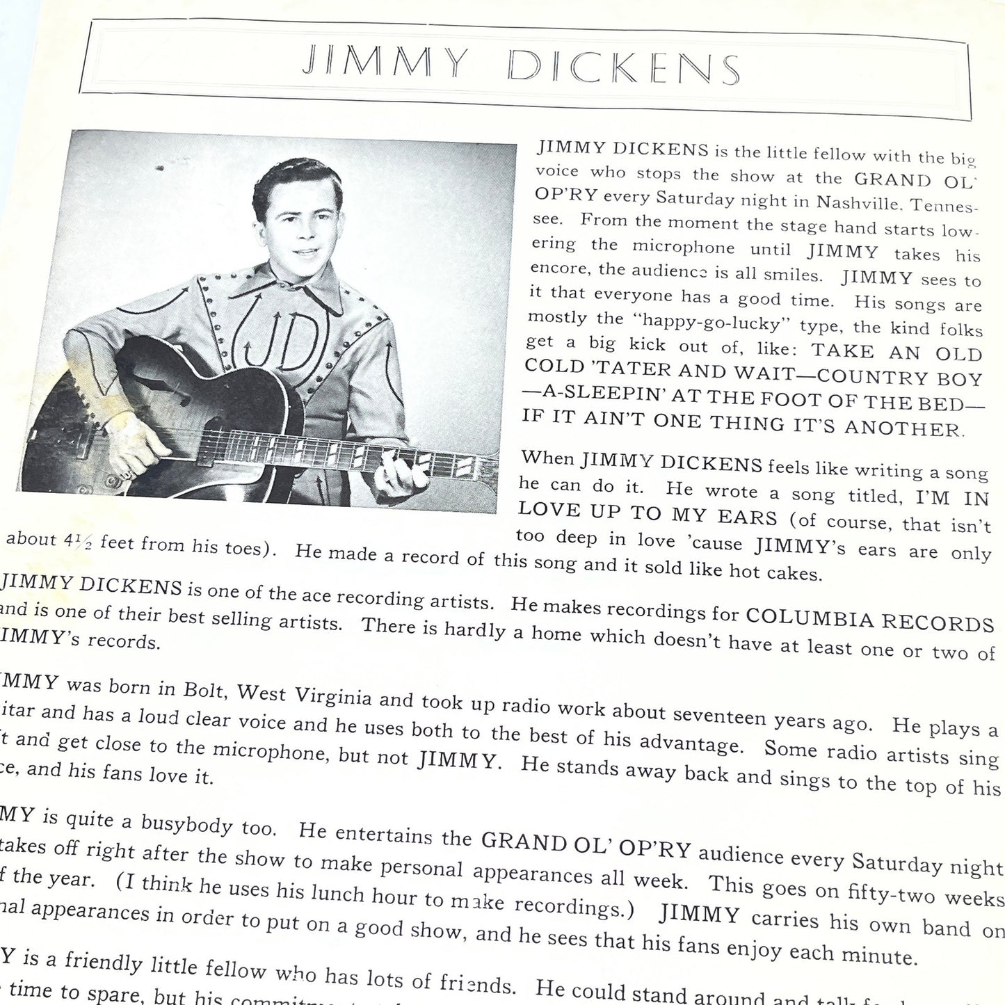 Original Autographed Little Jimmy Dickens Song Folio No. 1 Grand 'Ole Opry V37-3