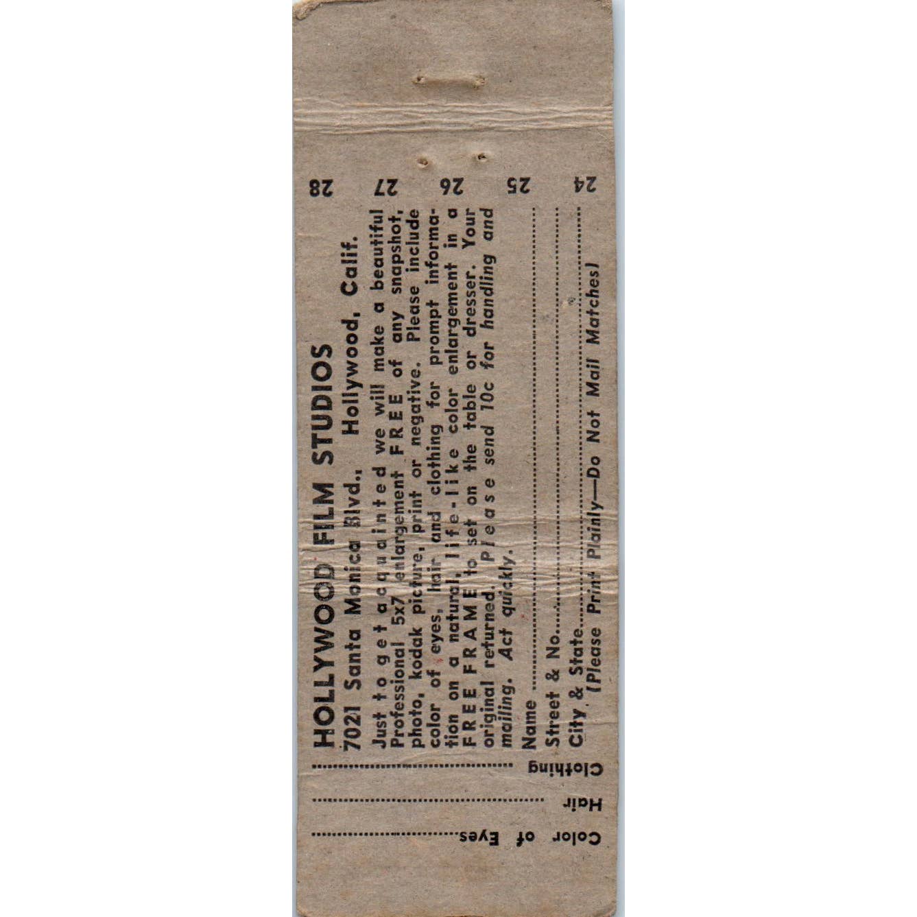 Vtg Matchbook Cover Hollywood Film Studios Photo Development California SE5-2