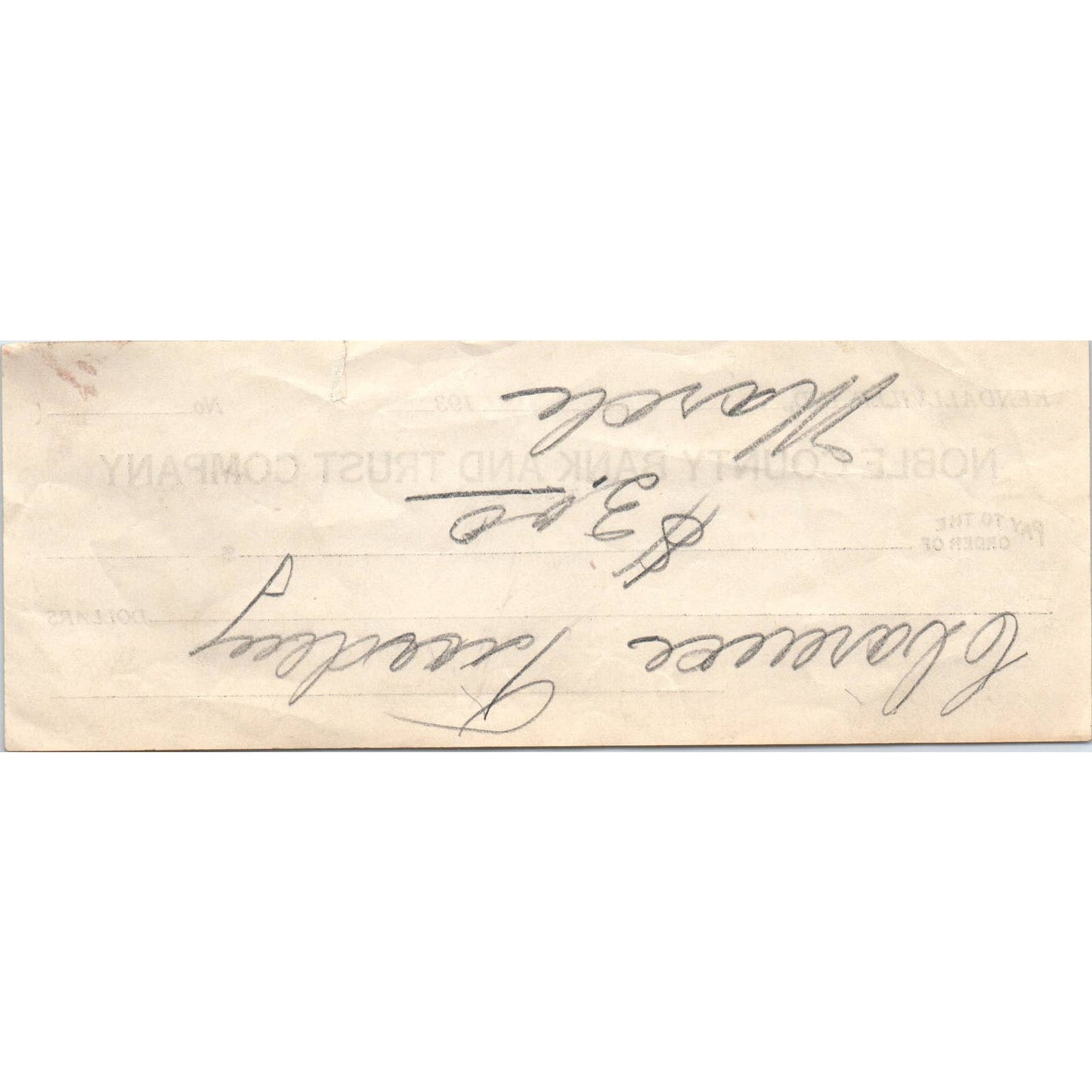 1930s The Noble County Bank Check Kendallville IN AD8