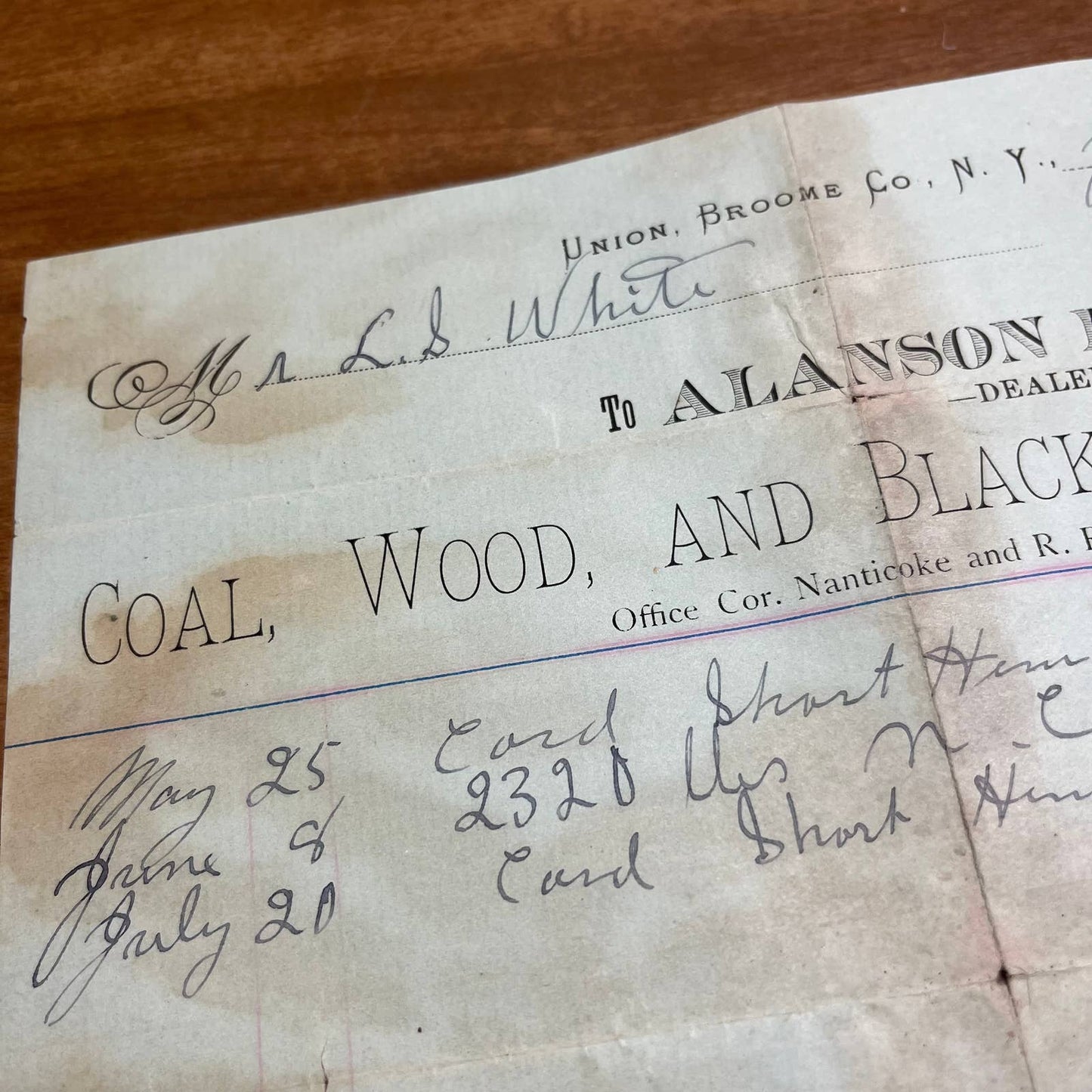 1883 Invoice Bill Union Broome Co. NY Alanson B Dodge Nanticoke & R.R. Street A8