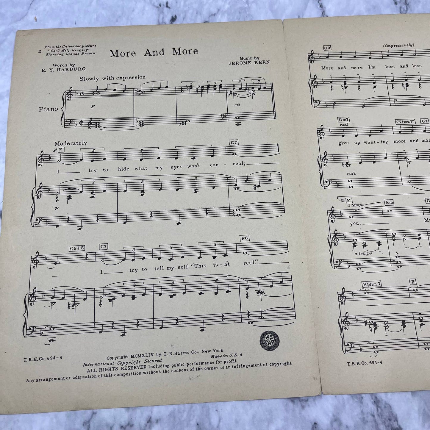 More and More Sheet Music Deanna Durbin Cant Help Singing Kern Harburg TH5