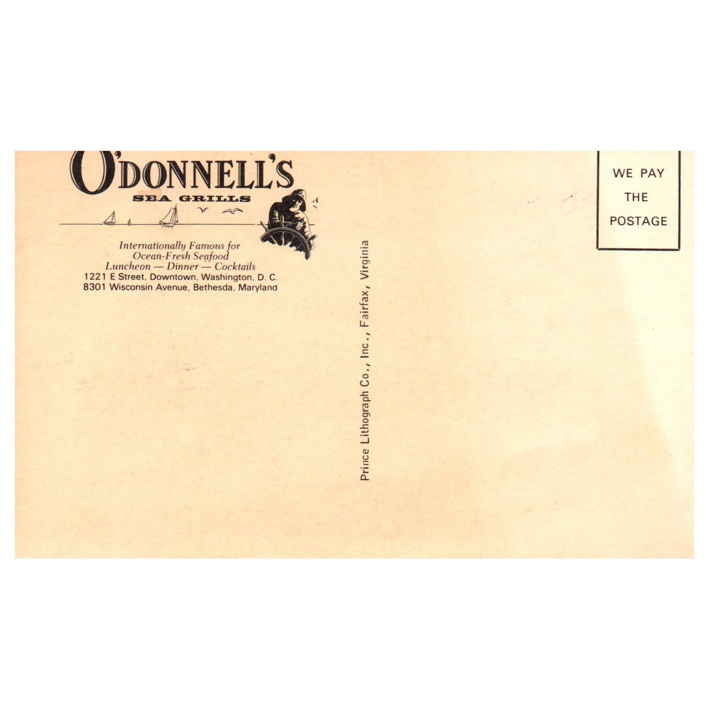 Vintage Postcard - O'Donnell's Sea Grills Washington DC Bethesda Maryland TJ6-1