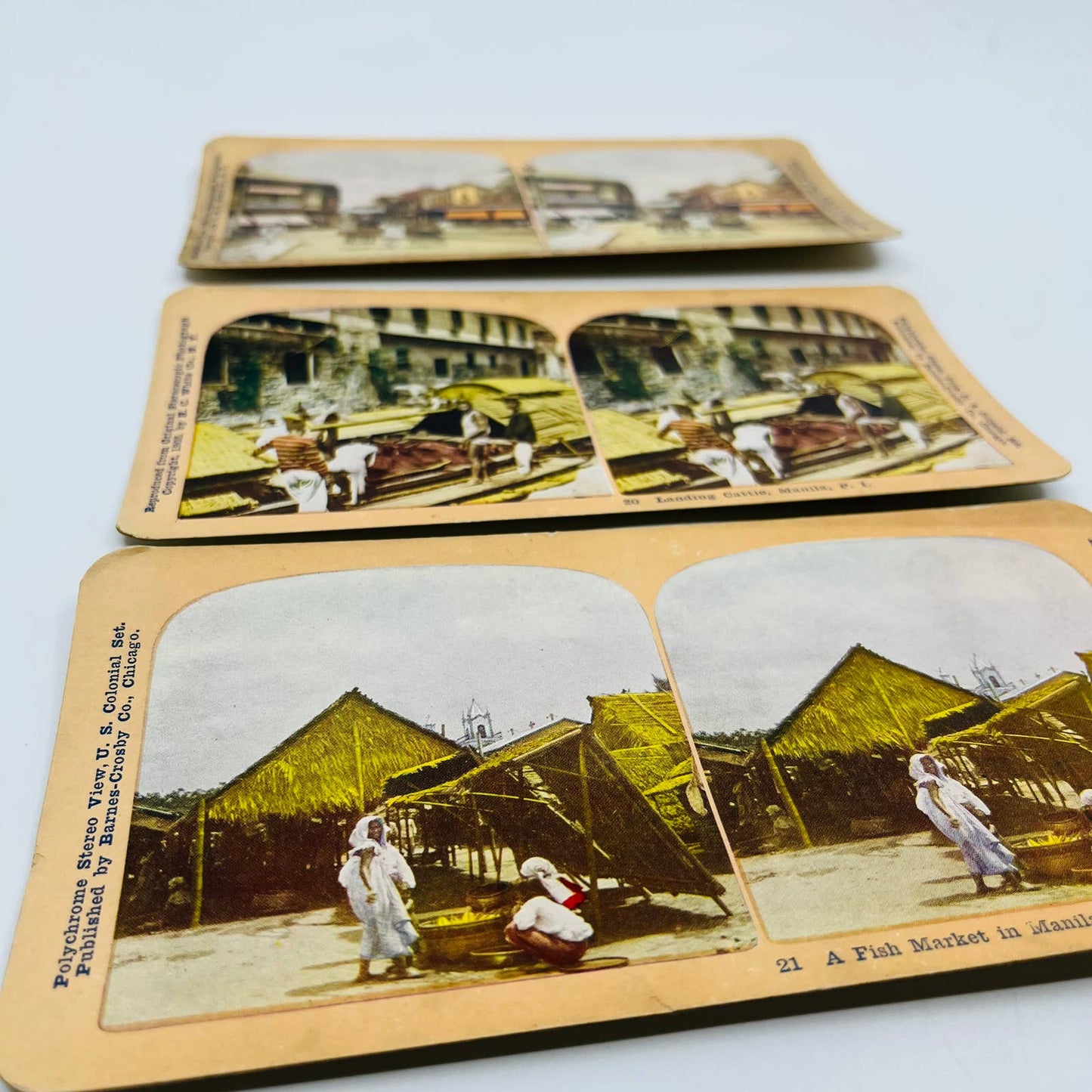 c1900 Lot of 3 Philippine Islands Manila Stereoview Cards Fish Market TA7-4