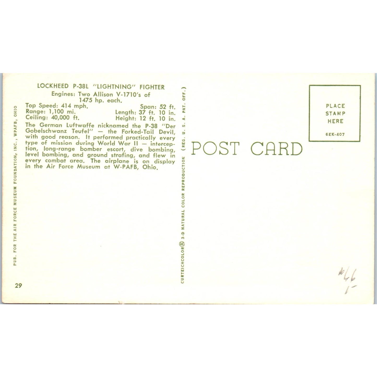 Lockheed P-38L Lightning Fighter WPAFB, Ohio Original Postcard TK1-20