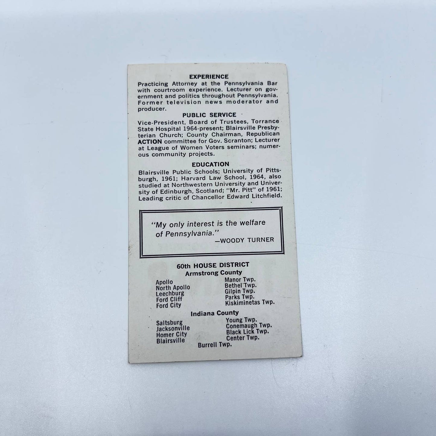 1960s Political Ad Card Harry Woodruff Turner General Assembly Armstrong PA SC3